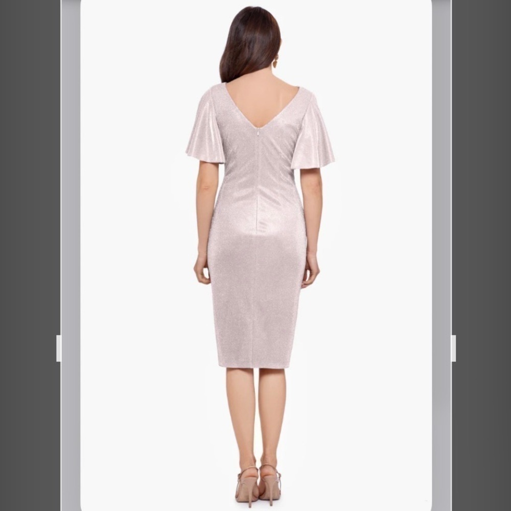 Betsy & Adam MARIANNA GLITTER GALAXY FLUTTER SLEEVE Ruched DRESS in Taupe/Silver - Picture 2 of 3